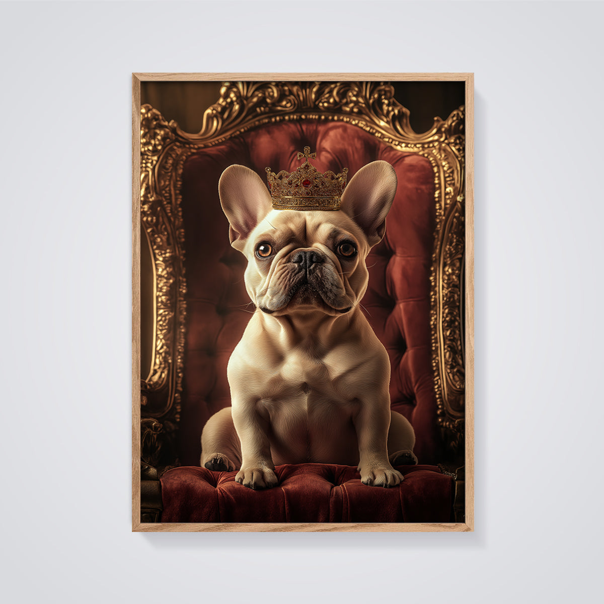 Regal French Bulldog King Print framed in oak on a grey background