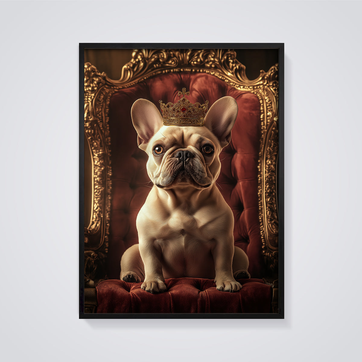 Regal French Bulldog King Print framed in black on a grey background