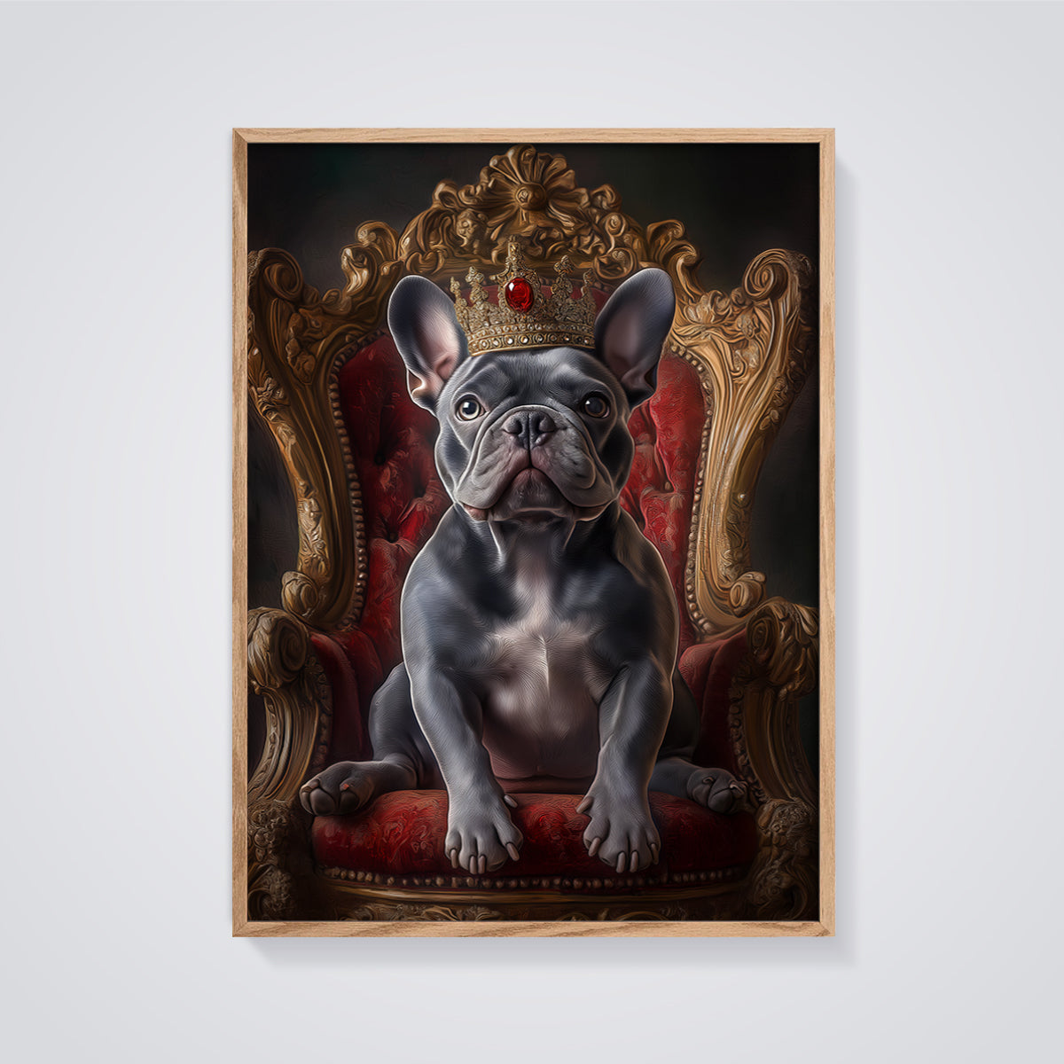 Regal French Bulldog Print framed in oak on a grey background