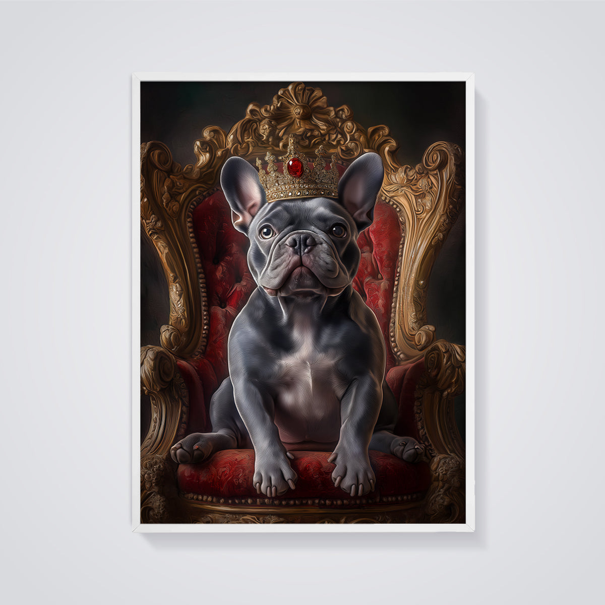 Regal French Bulldog Print framed in white on a grey background