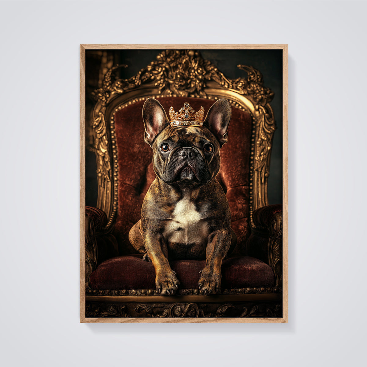 Regal French Bulldog Print Aesthetic framed in oak on a grey background