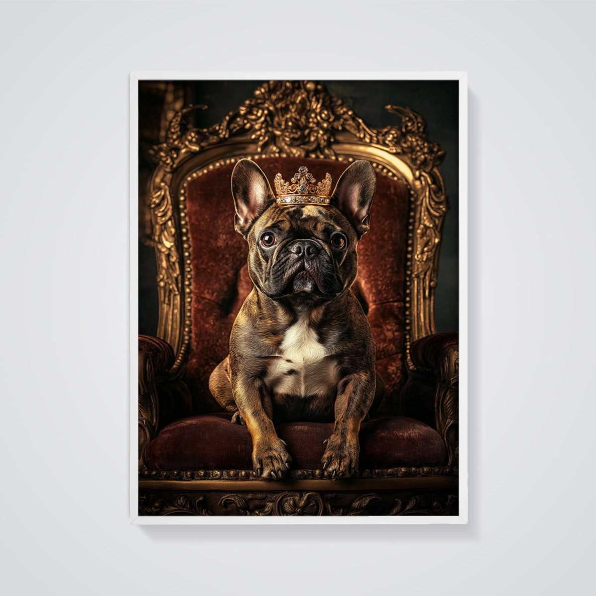 Regal French Bulldog Print Aesthetic framed in white on a grey background