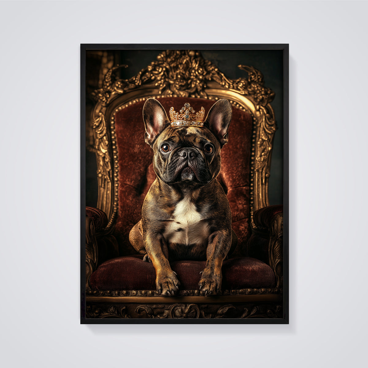 Regal French Bulldog Print Aesthetic framed in black on a grey background
