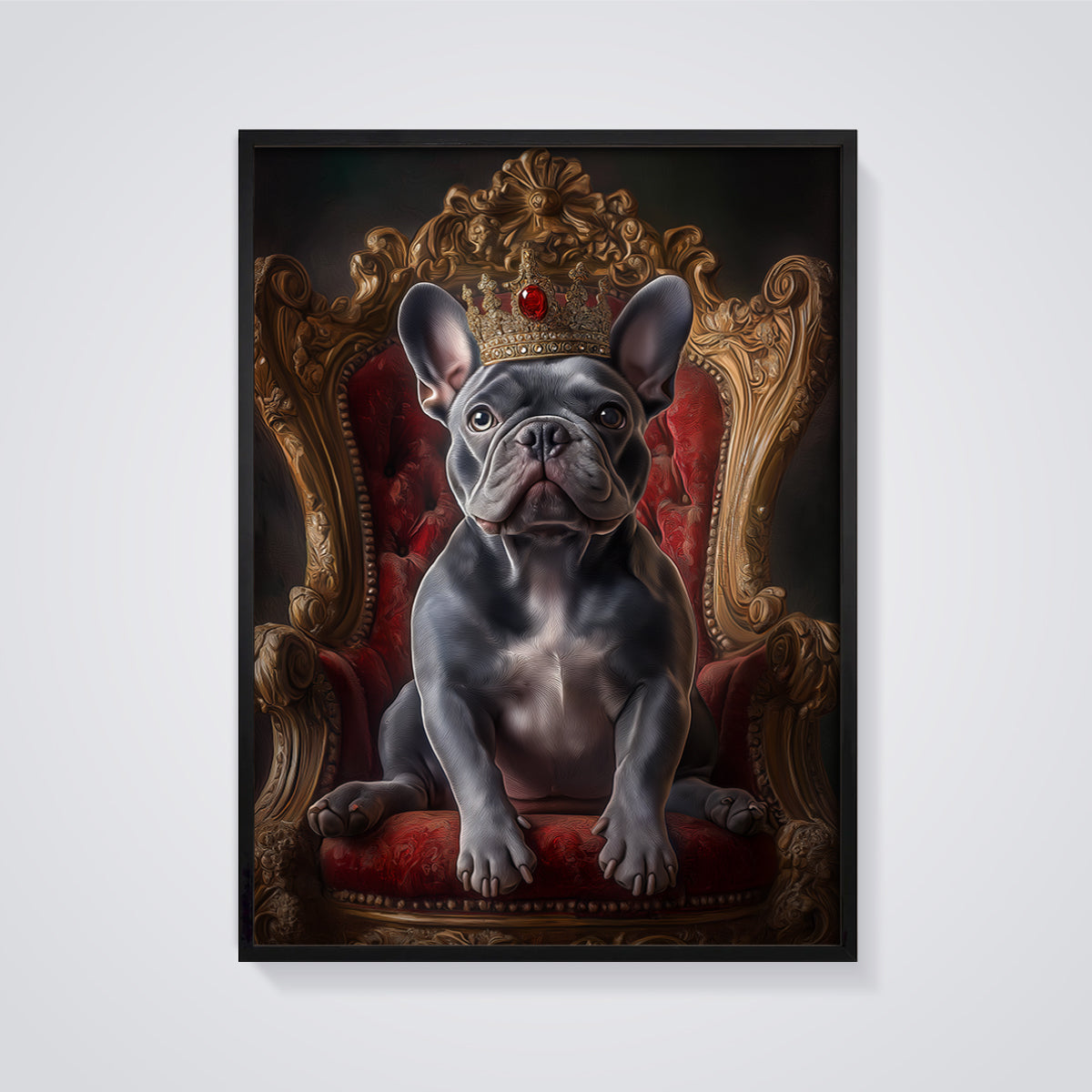 Regal French Bulldog Print framed in black on a grey background