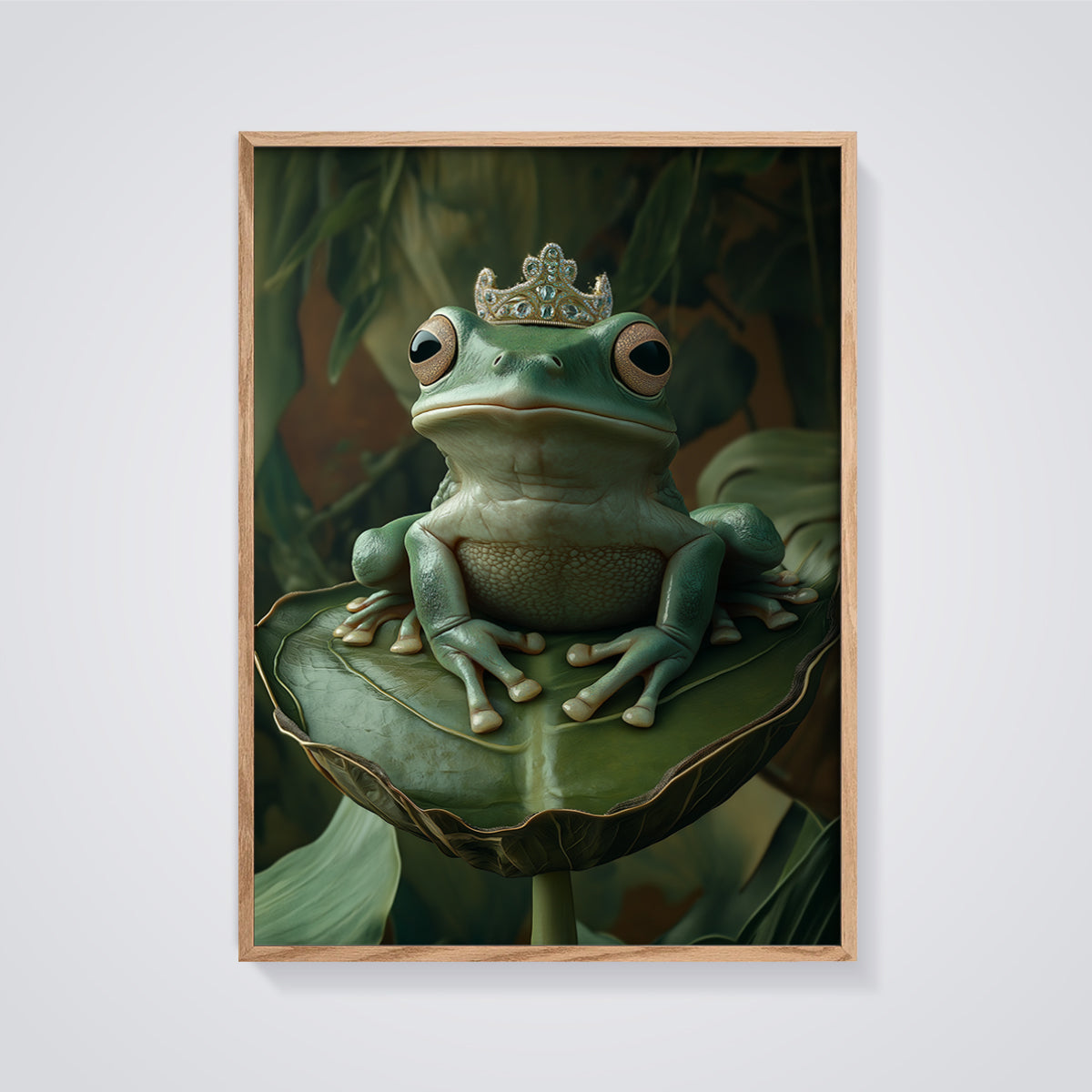 Regal Frog King Print framed in oak on a grey background