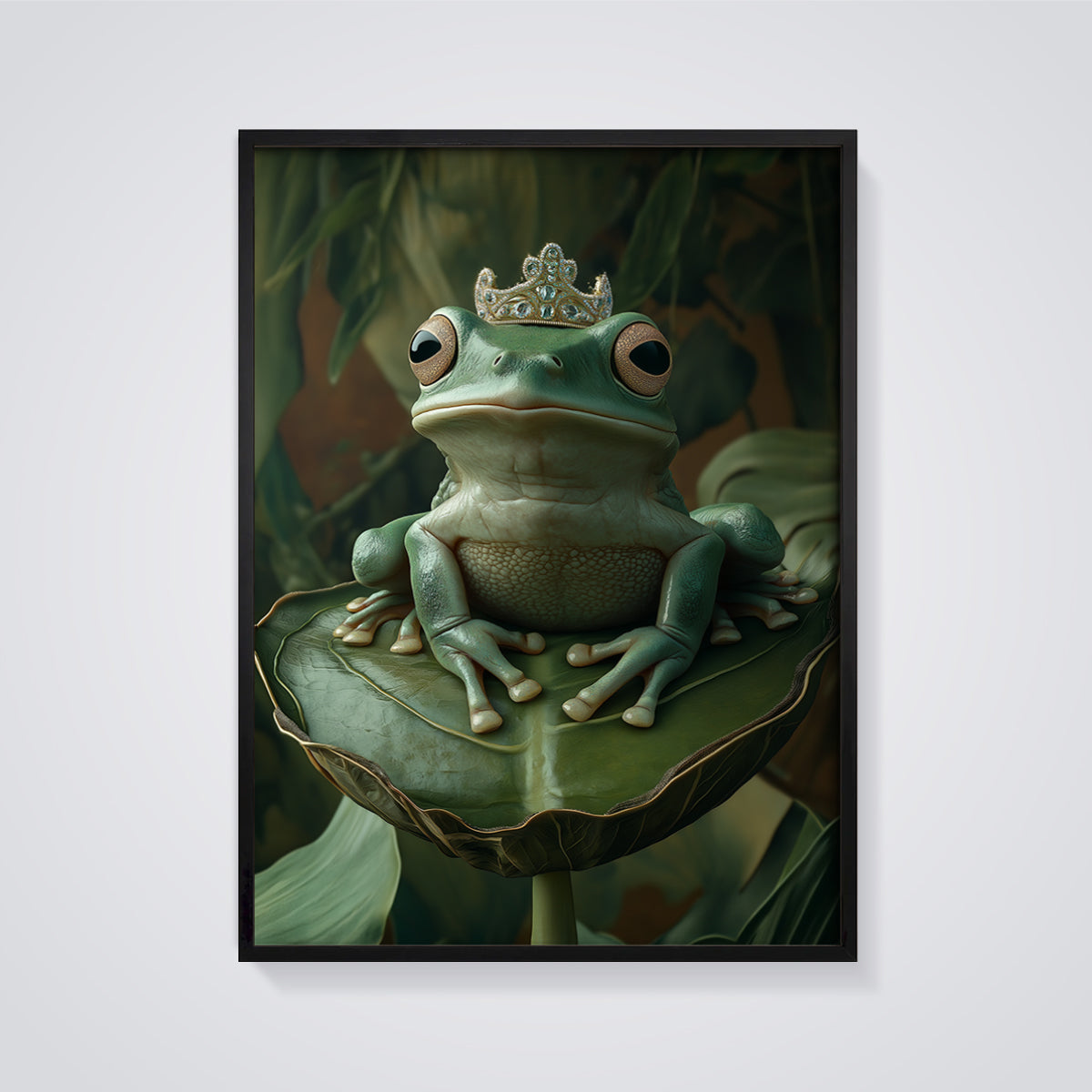 Regal Frog King Print framed in black on a grey background