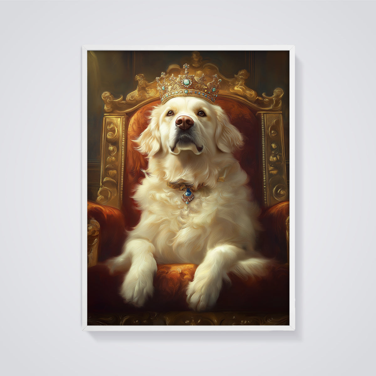 Regal Golden Retriever King Print framed in white on a grey background