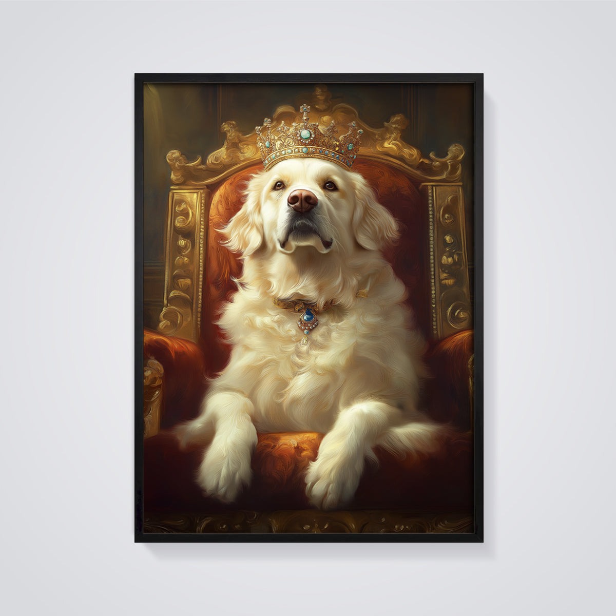 Regal Golden Retriever King Print framed in black on a grey background