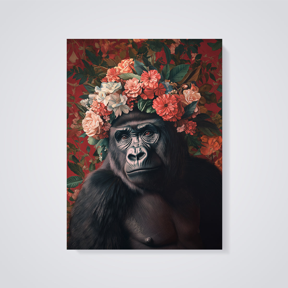 Regal Gorilla Floral Crown Print unframed on a grey background