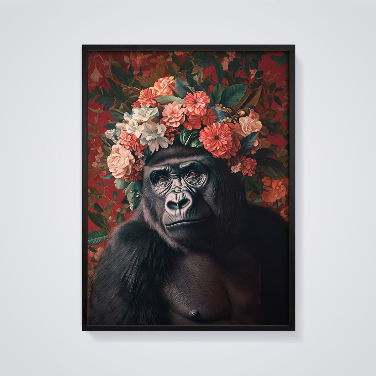 Regal Gorilla Floral Crown Print framed in black on a grey background