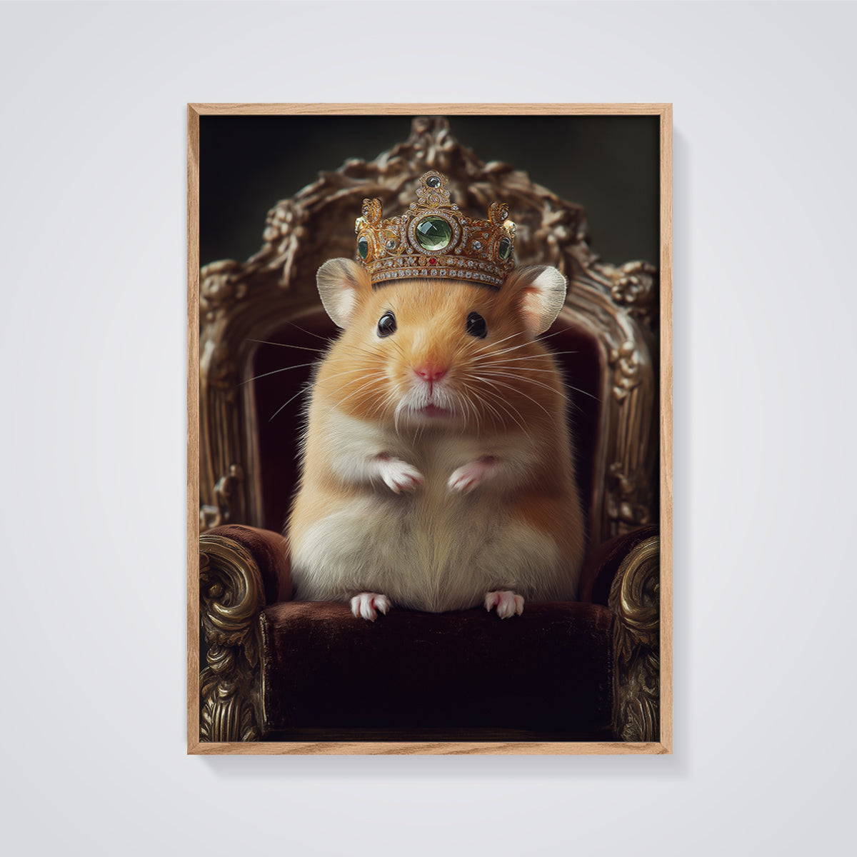 Regal Hamster King Print framed in oak on a grey background