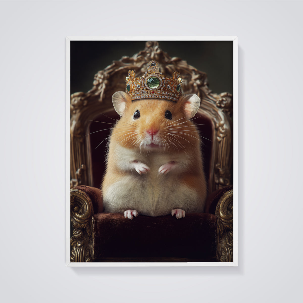 Regal Hamster King Print framed in white on a grey background