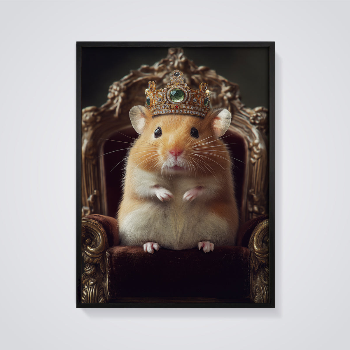 Regal Hamster King Print framed in black on a grey background