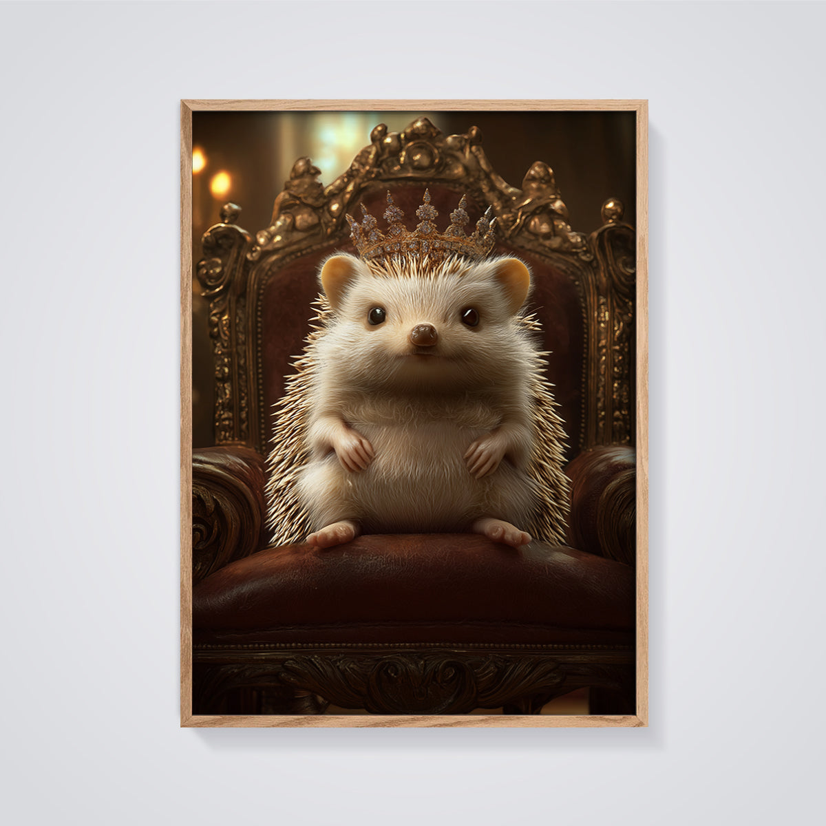 Regal Hedgehog Portrait Print framed in oak on a grey background