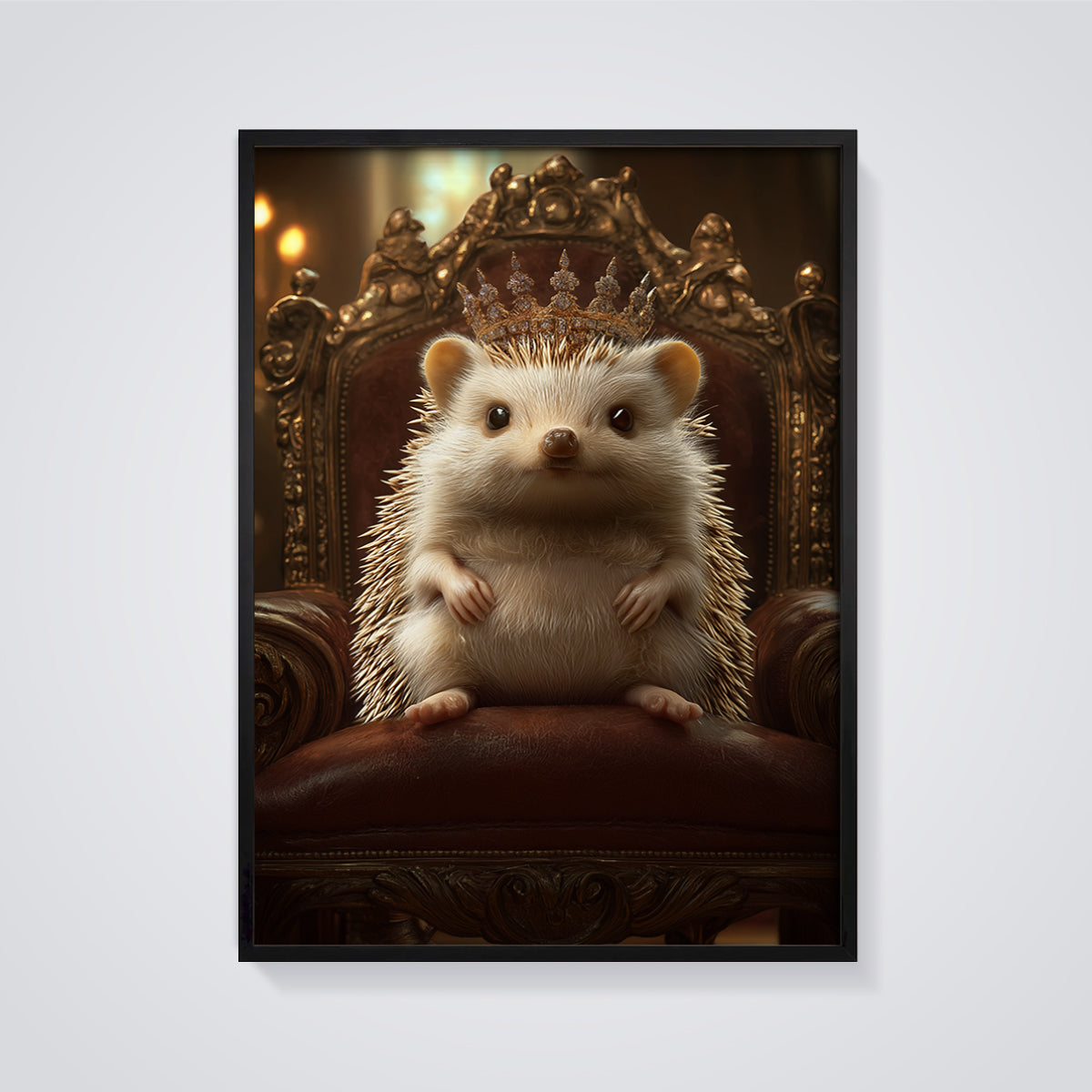 Regal Hedgehog Portrait Print framed in black on a grey background