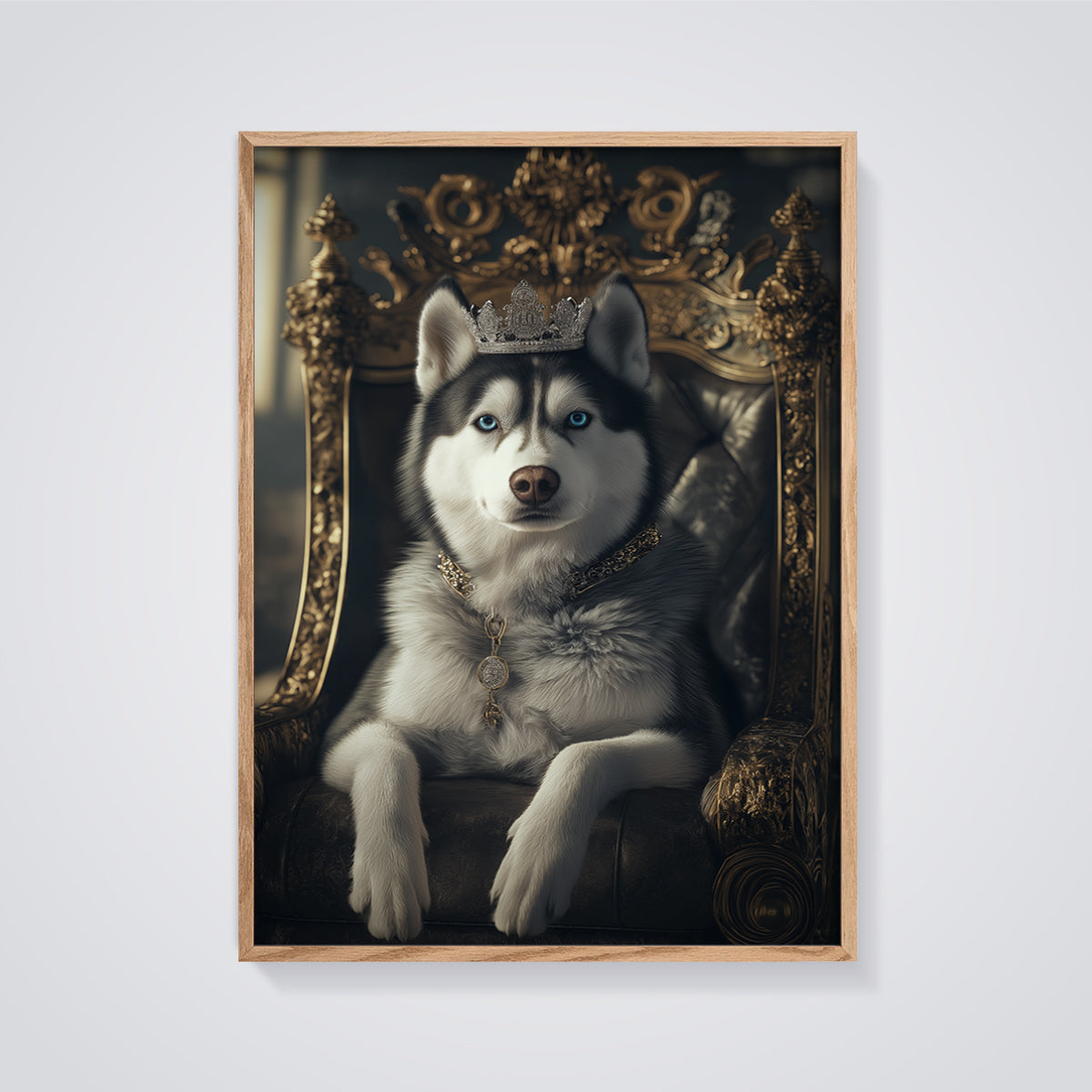 Regal Husky King Print framed in oak on a grey background