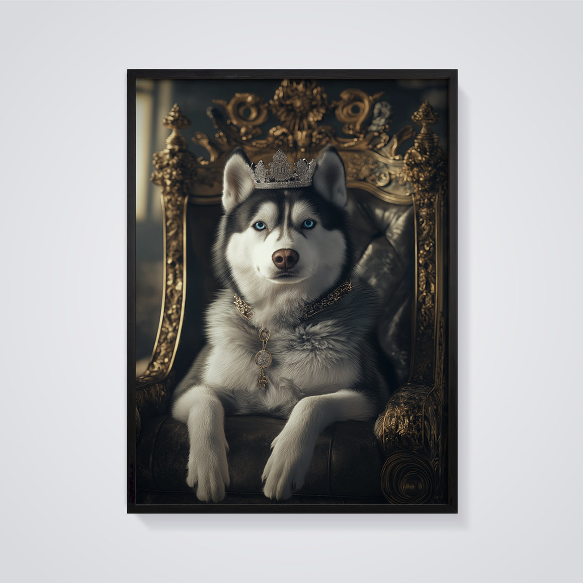Regal Husky King Print framed in black on a grey background