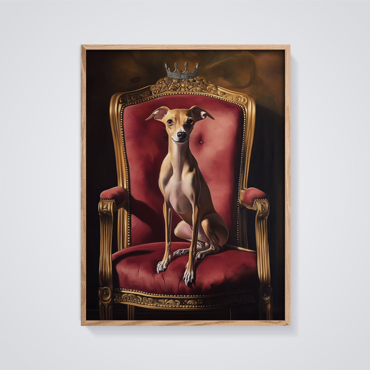 Regal Italian Greyhound Throne Print framed in oak on a grey background