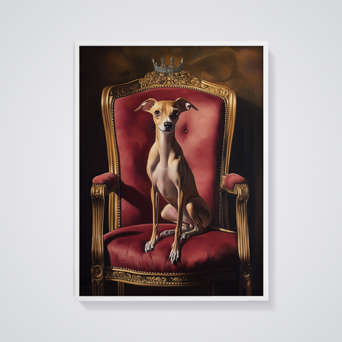 Regal Italian Greyhound Throne Print framed in white on a grey background