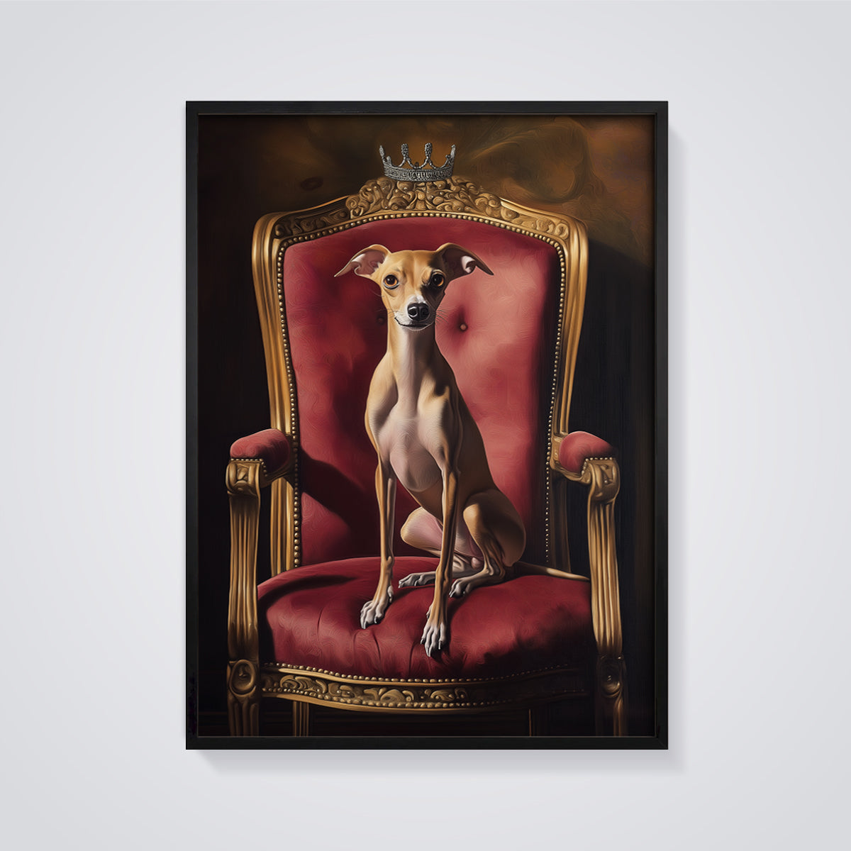 Regal Italian Greyhound Throne Print framed in black on a grey background