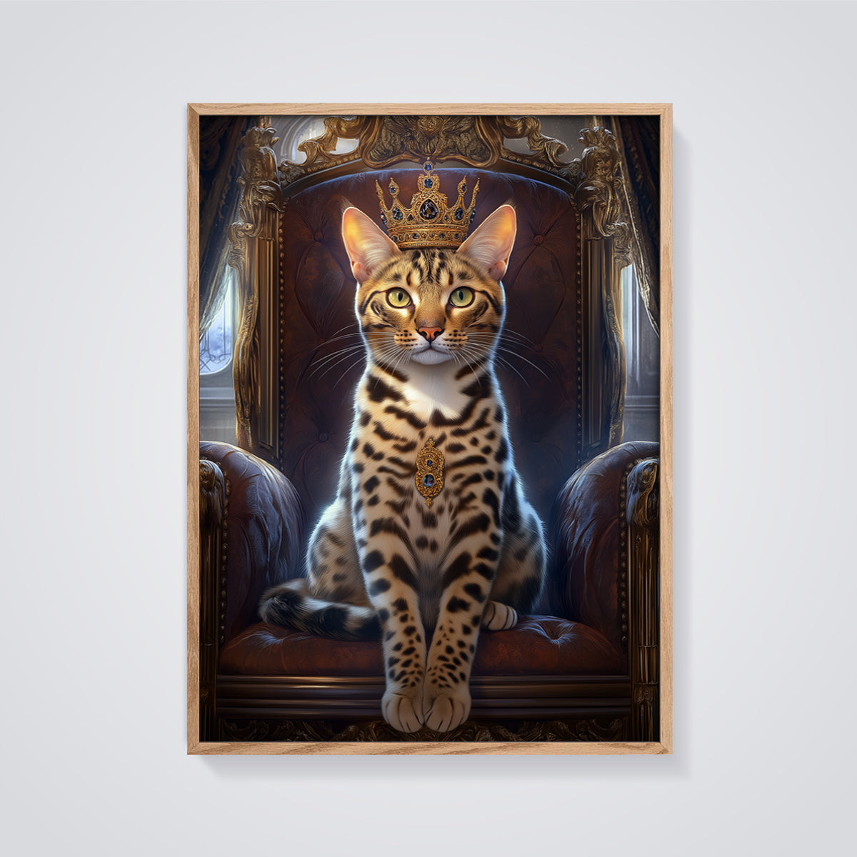 Regal King Cat Throne Print framed in oak on a grey background