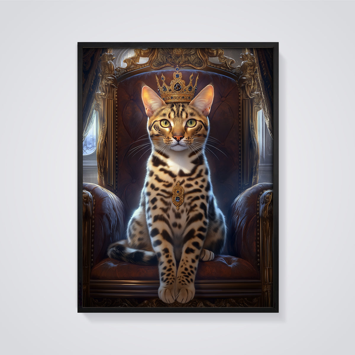 Regal King Cat Throne Print framed in black on a grey background