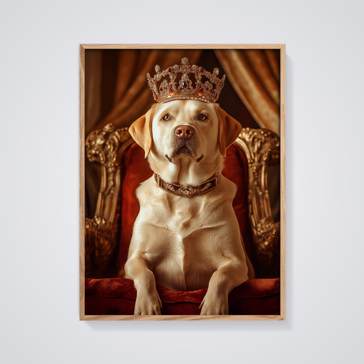 Regal Labrador King Print framed in oak on a grey background