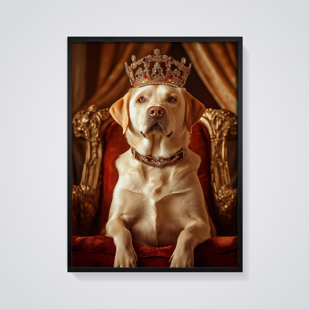 Regal Labrador King Print framed in black on a grey background