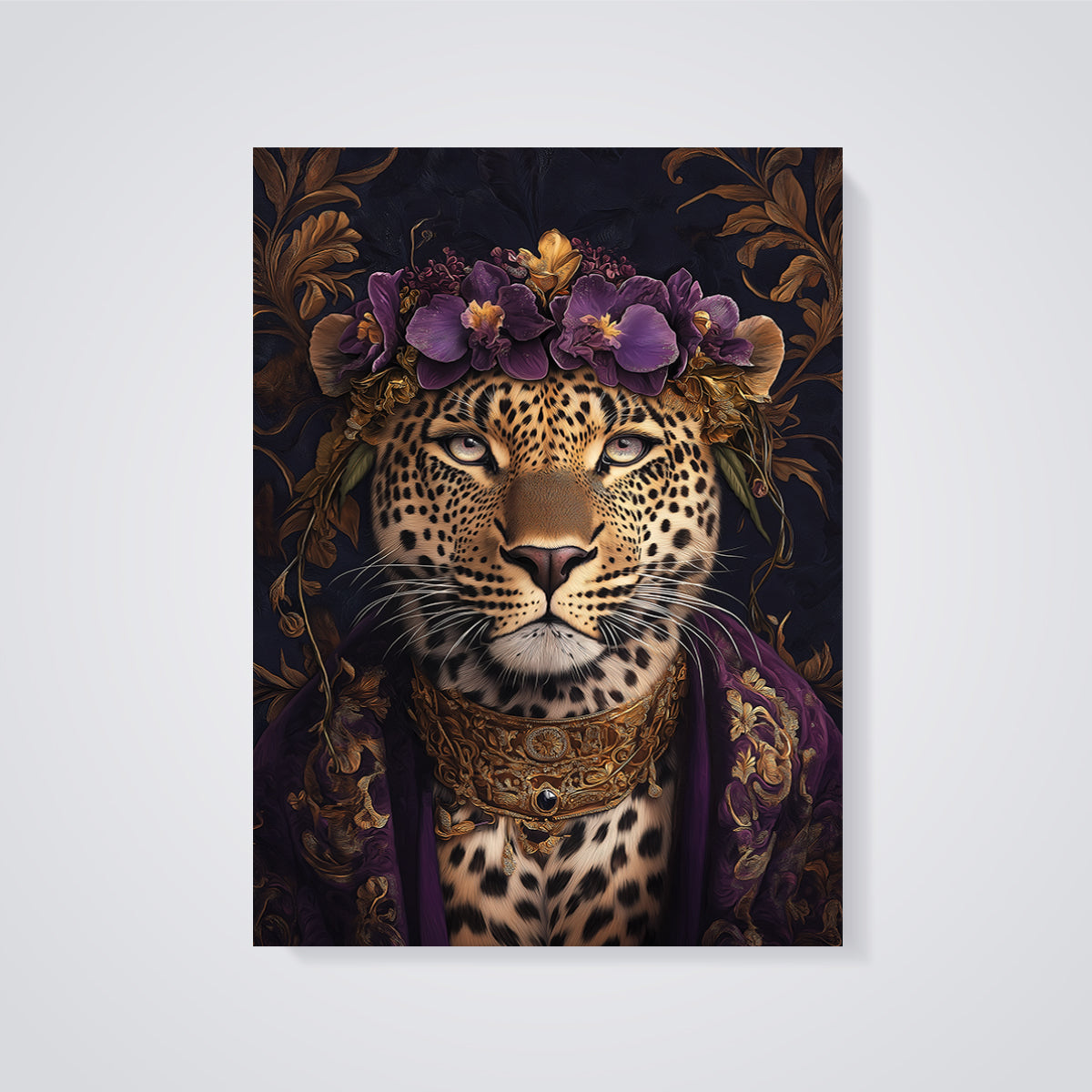 Regal Leopard Crown Print unframed on a grey background