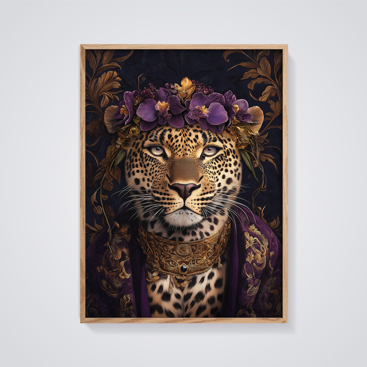 Regal Leopard Crown Print framed in oak on a grey background