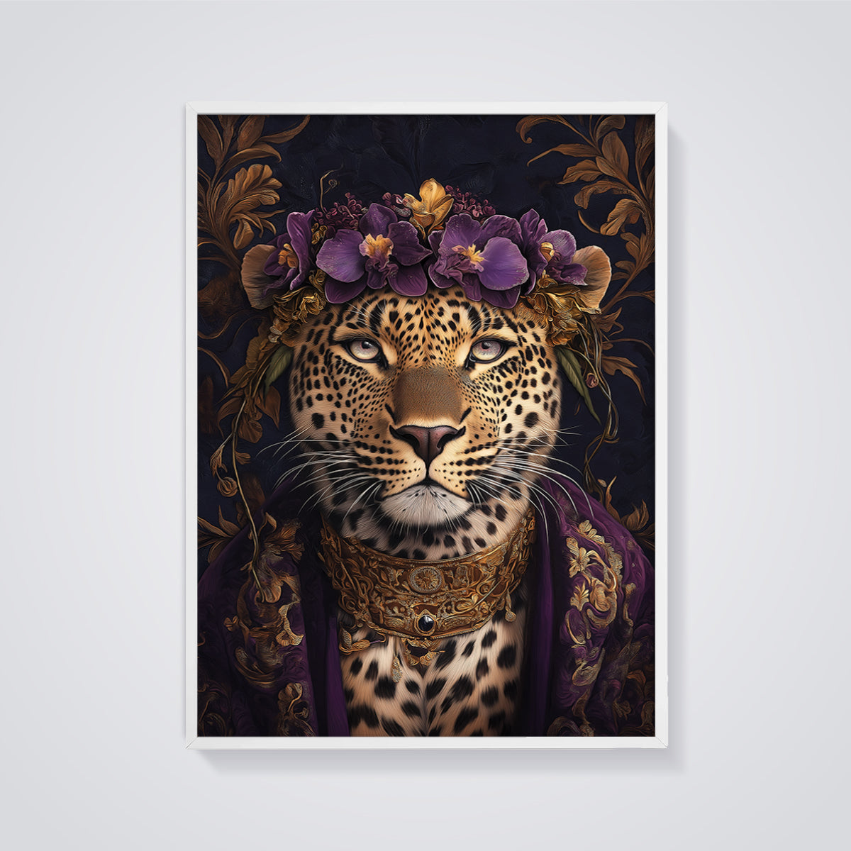 Regal Leopard Crown Print framed in white on a grey background