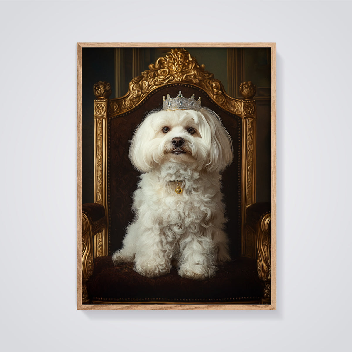 Regal Maltese Portrait Print framed in oak on a grey background