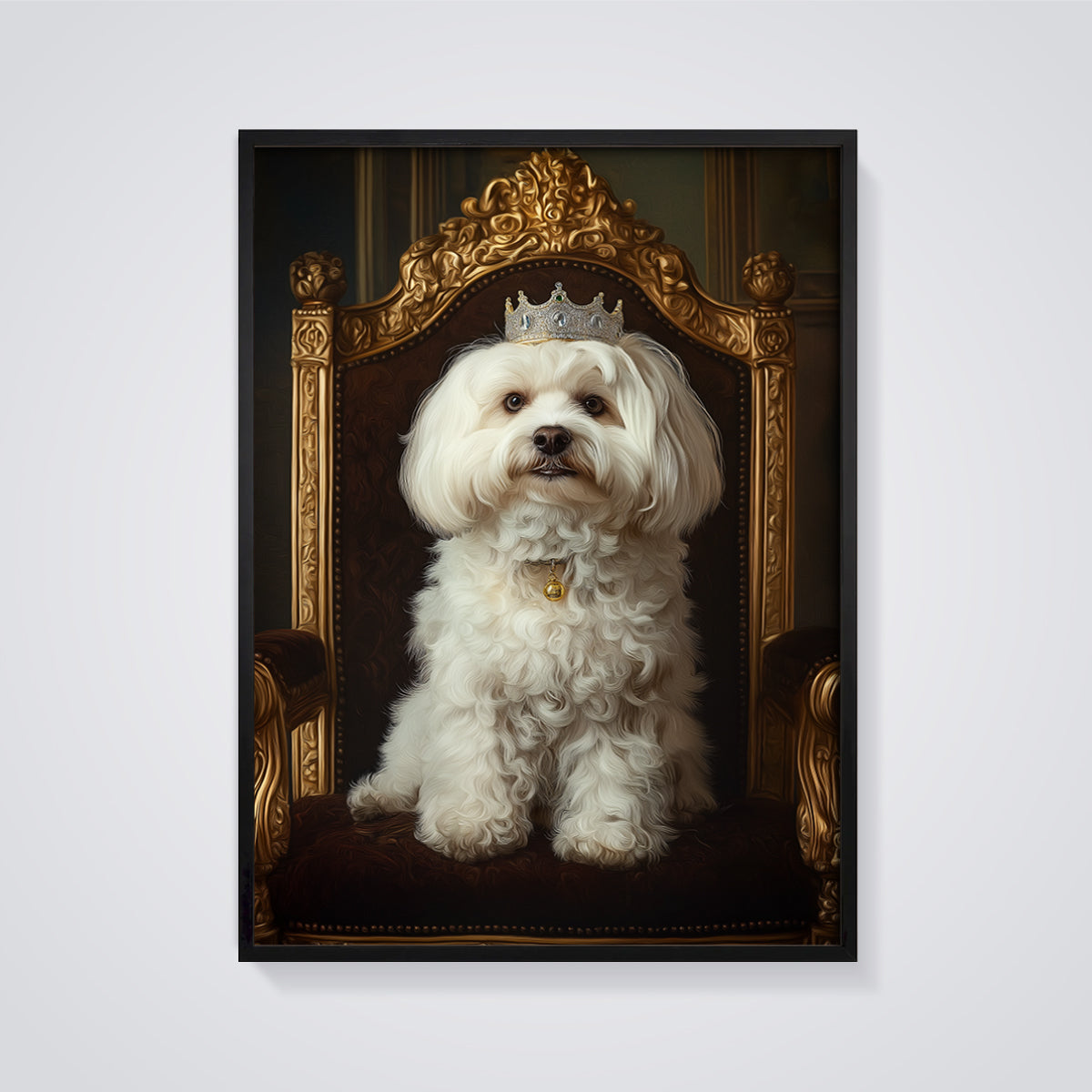 Regal Maltese Portrait Print framed in black on a grey background