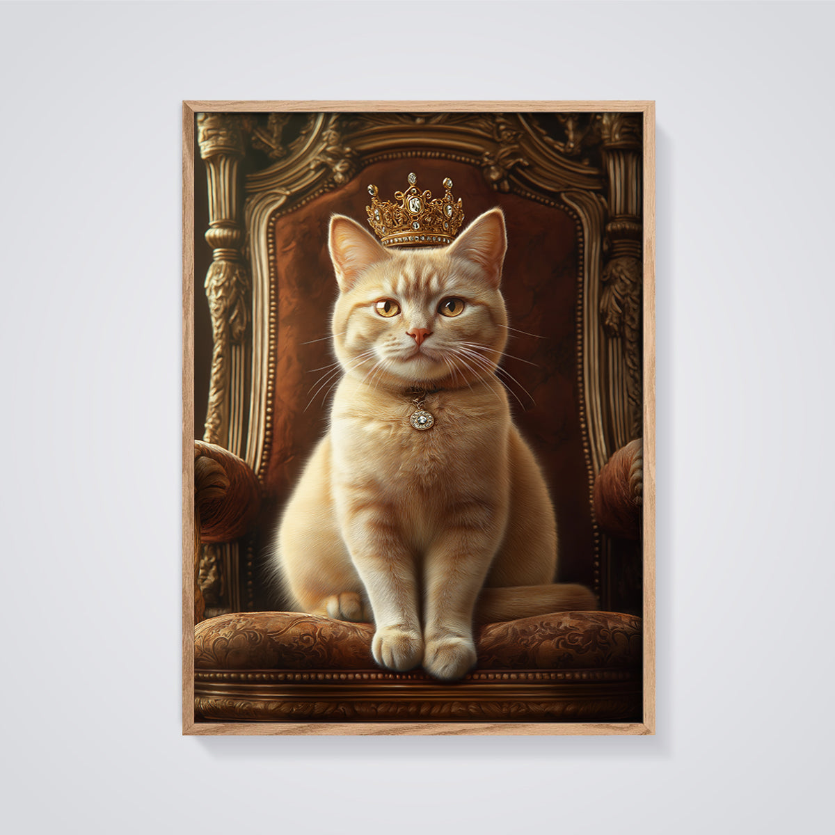Regal Orange Cat King Print framed in oak on a grey background