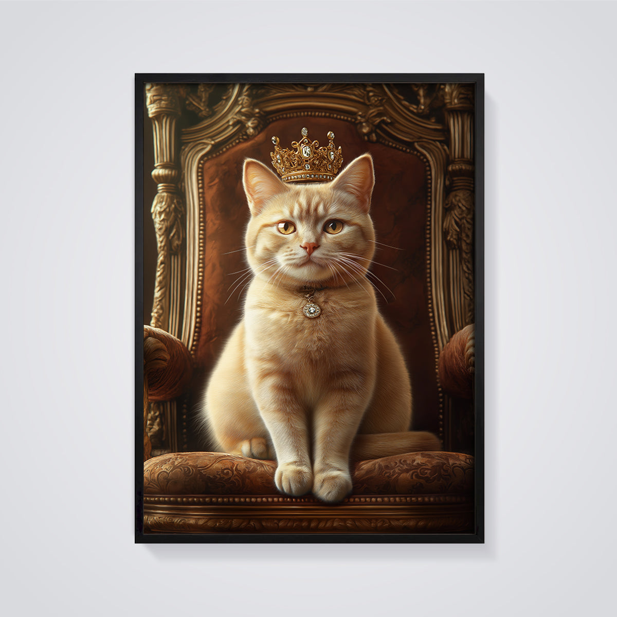 Regal Orange Cat King Print framed in black on a grey background