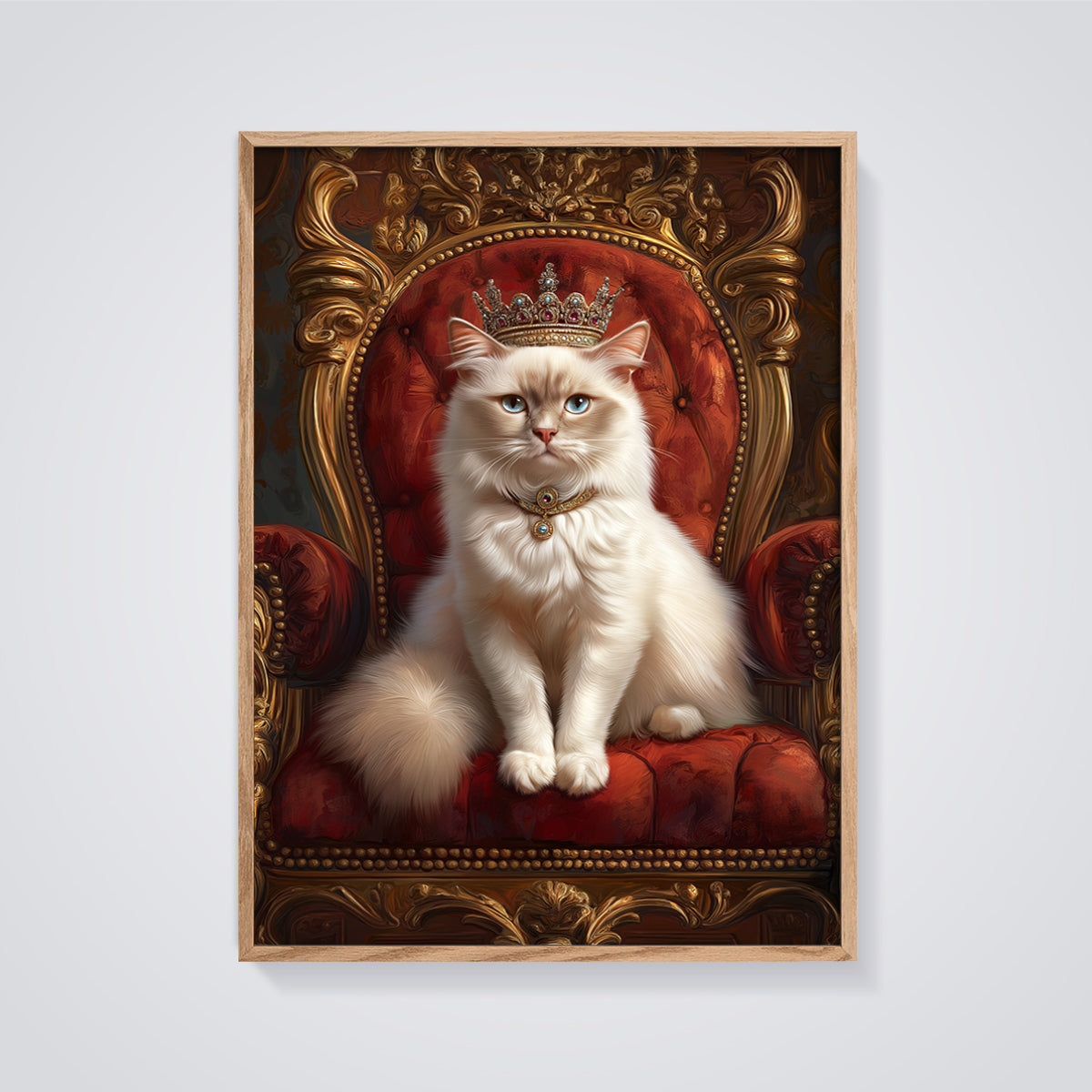 Regal Queen Cat Print framed in oak on a grey background
