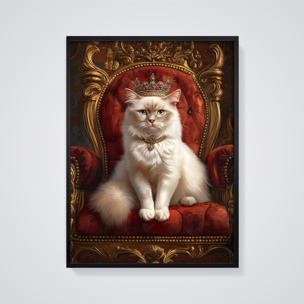 Regal Queen Cat Print framed in black on a grey background