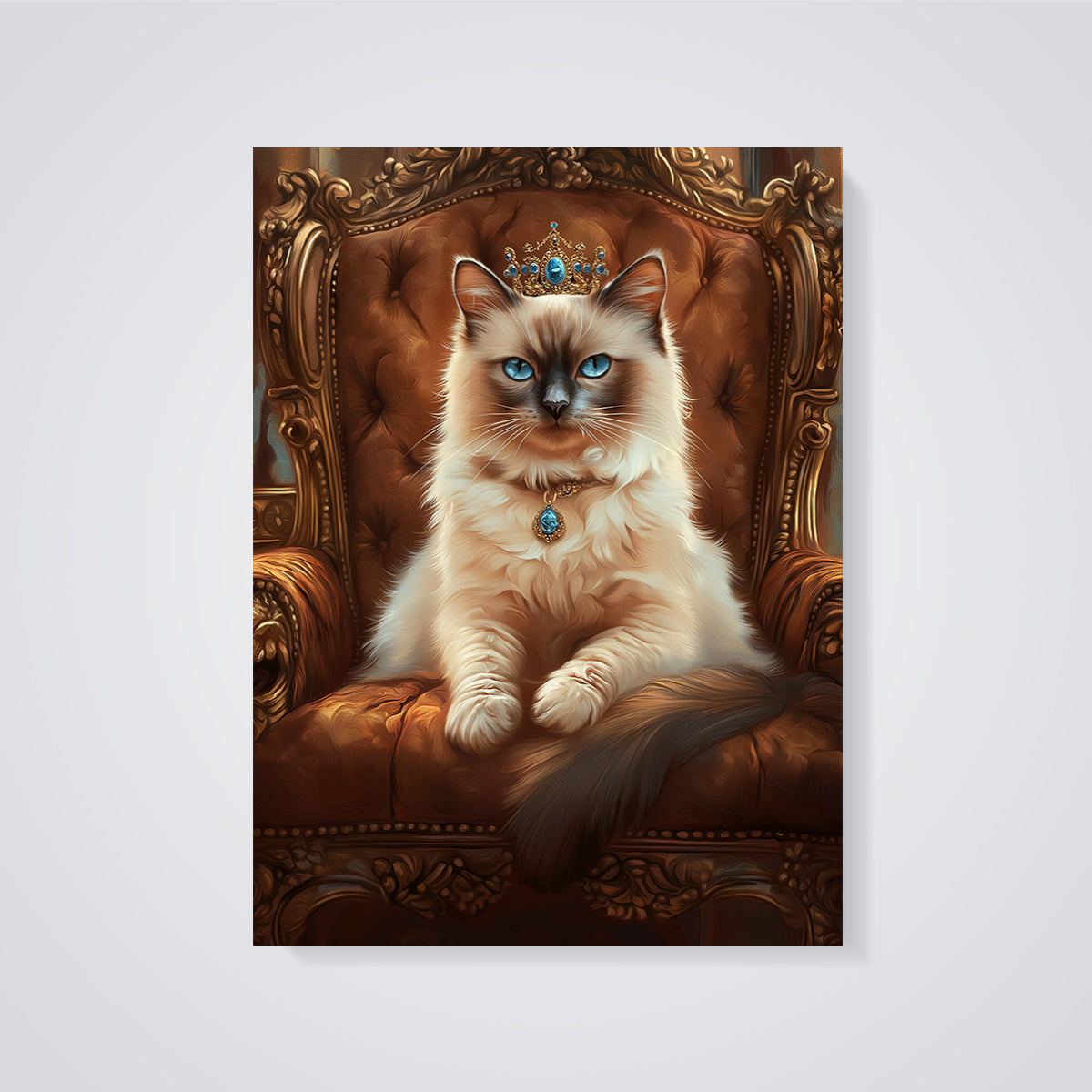 Regal Ragdoll Cat Throne Print unframed on a grey background