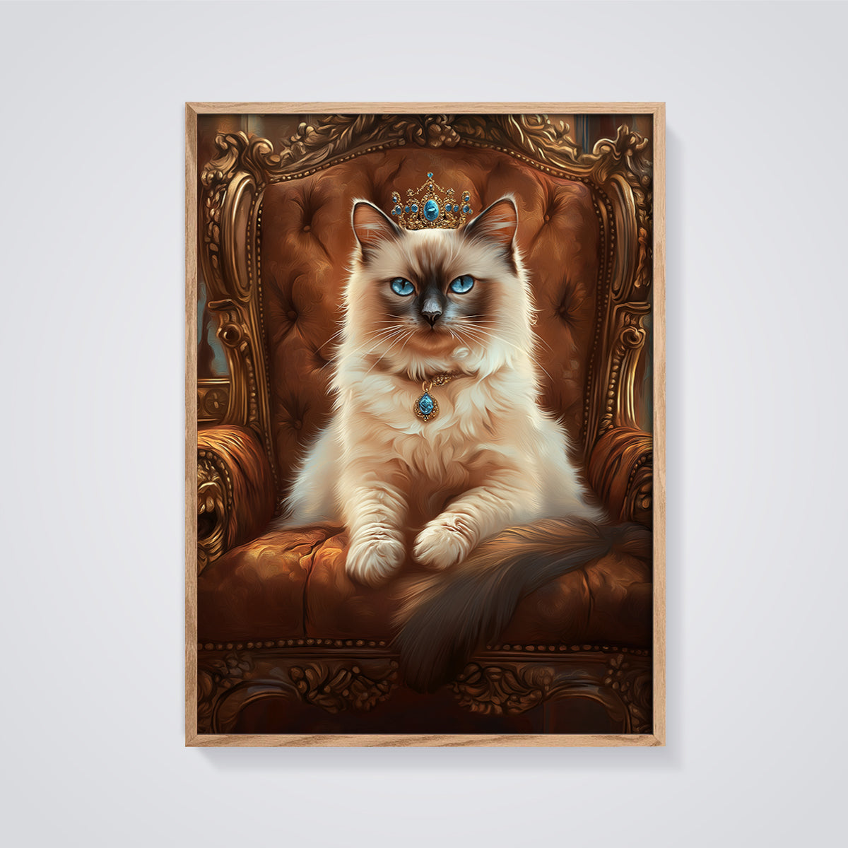 Regal Ragdoll Cat Throne Print framed in oak on a grey background