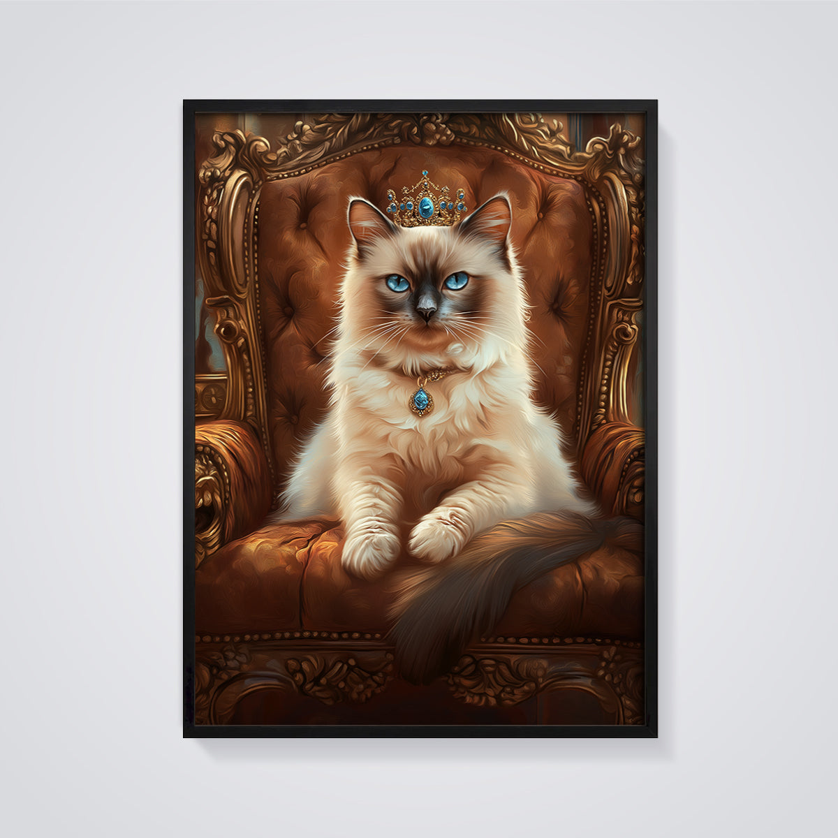 Regal Ragdoll Cat Throne Print framed in black on a grey background