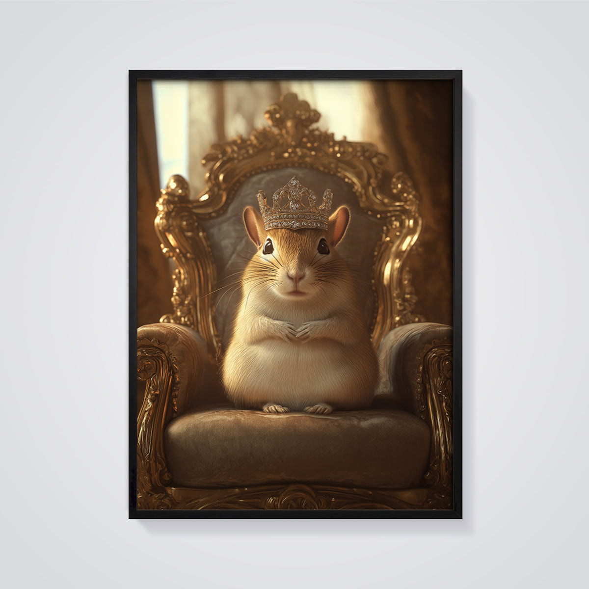 Regal Rodent King Print framed in black on a grey background