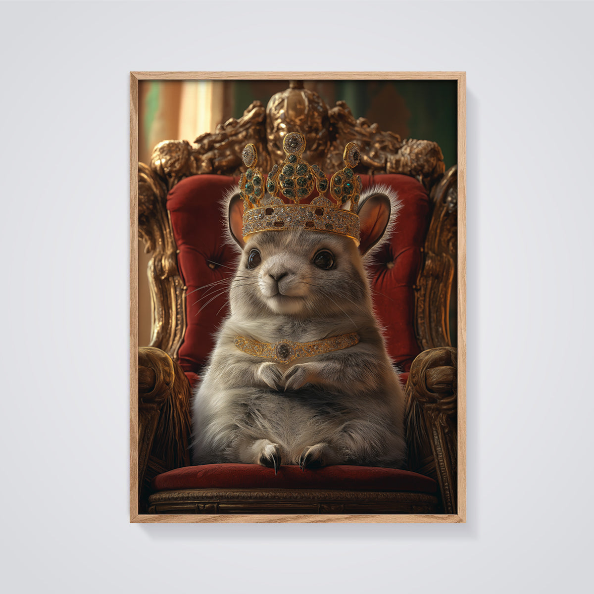Regal Rodent Print framed in oak on a grey background
