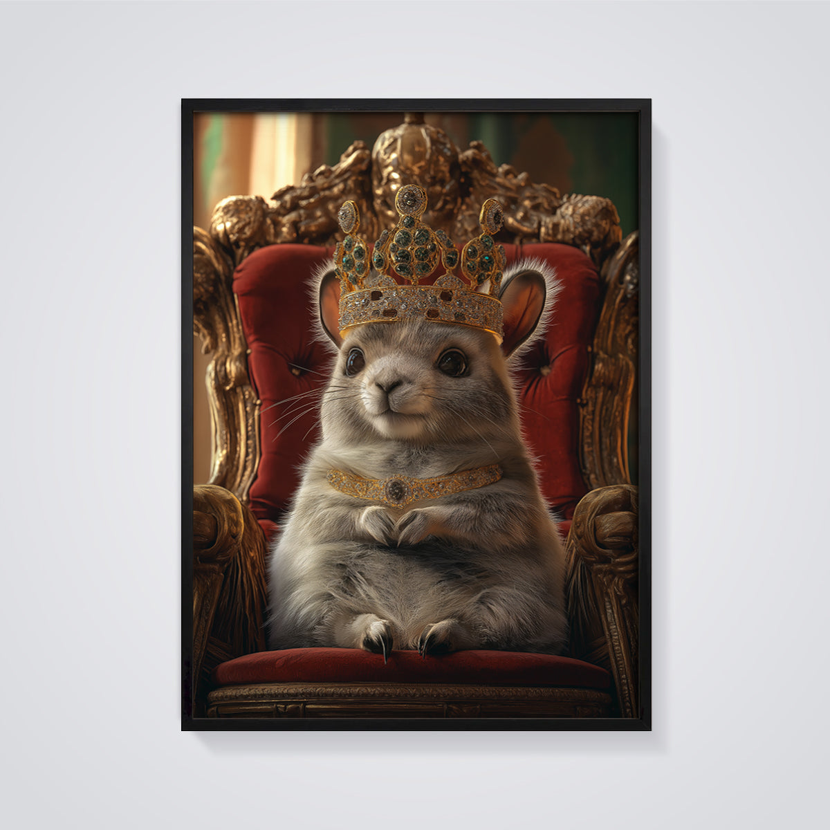 Regal Rodent Print framed in black on a grey background
