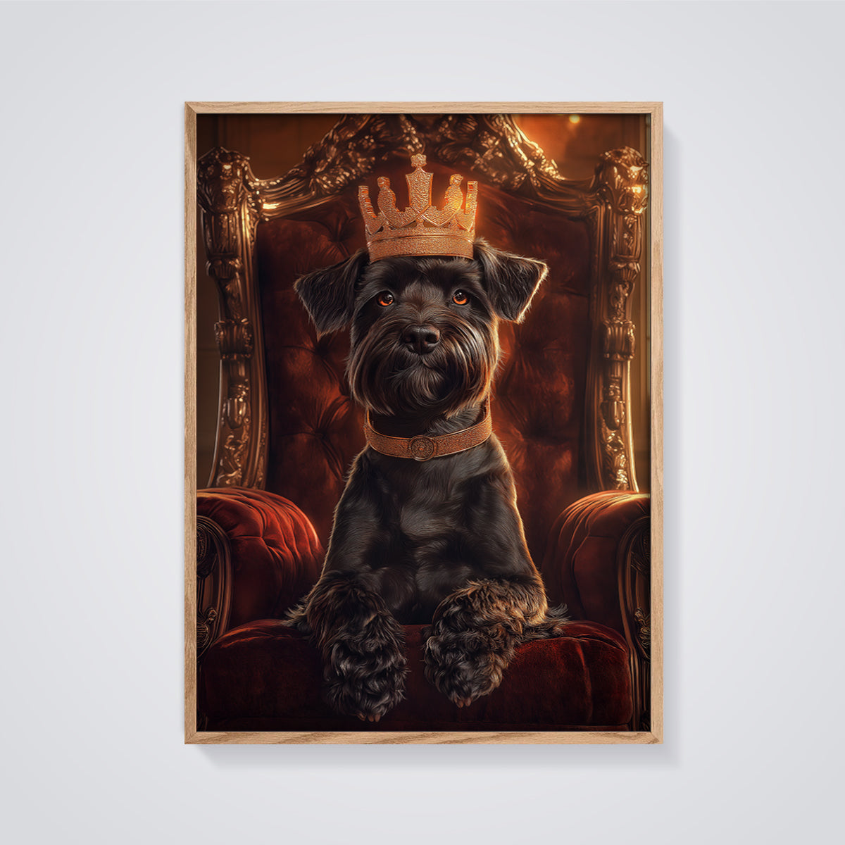 Regal Schnauzer Throne Print framed in oak on a grey background