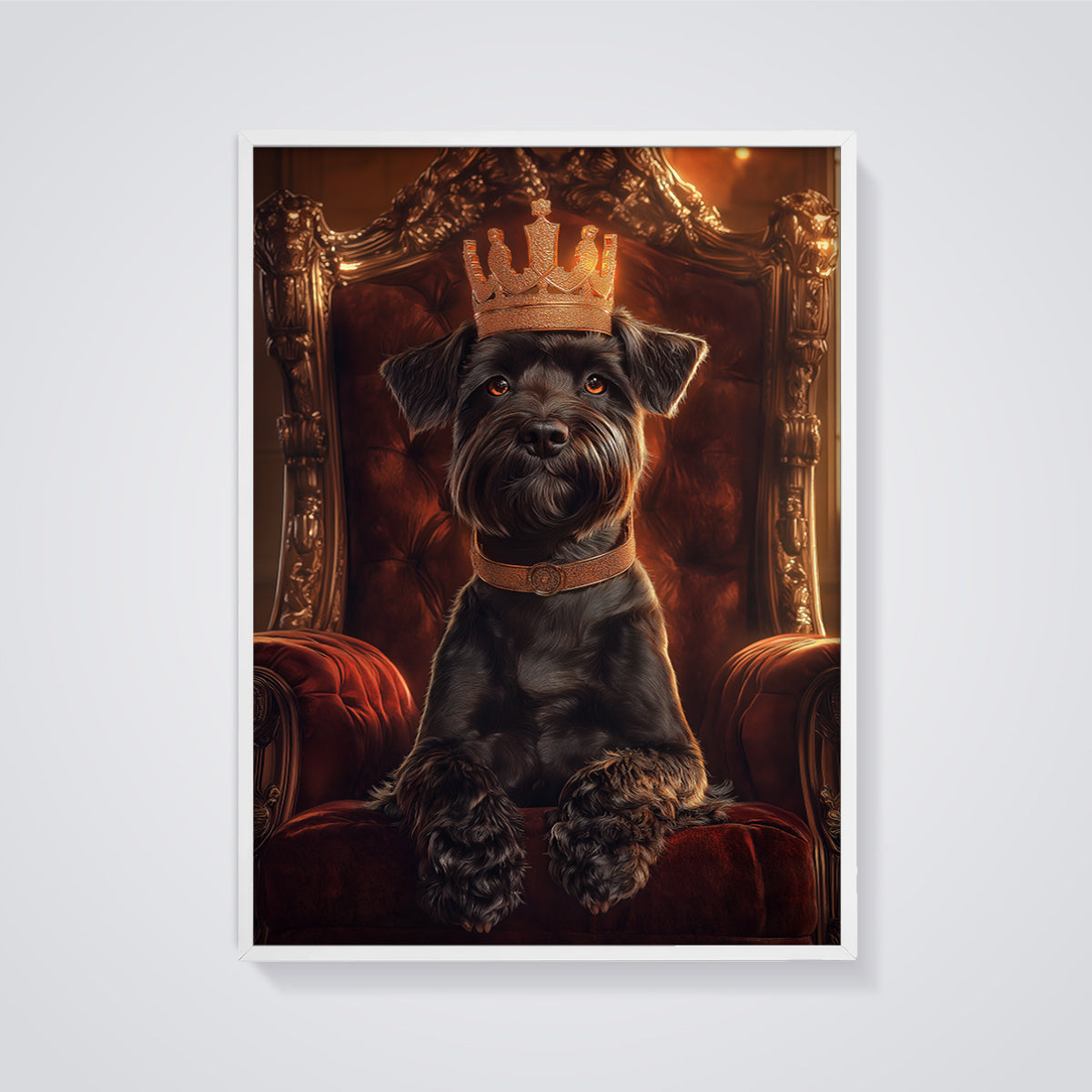 Regal Schnauzer Throne Print framed in white on a grey background