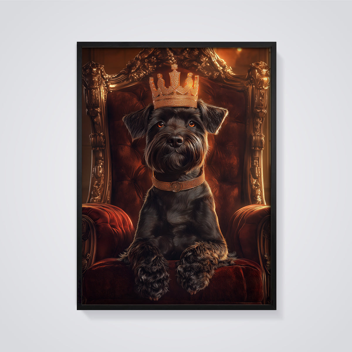 Regal Schnauzer Throne Print framed in black on a grey background