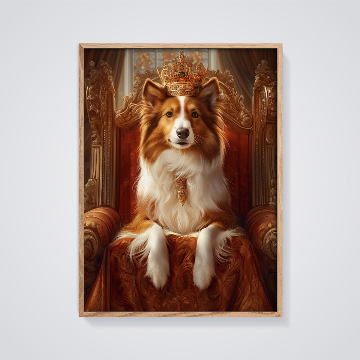 Regal Sheltie King Print framed in oak on a grey background