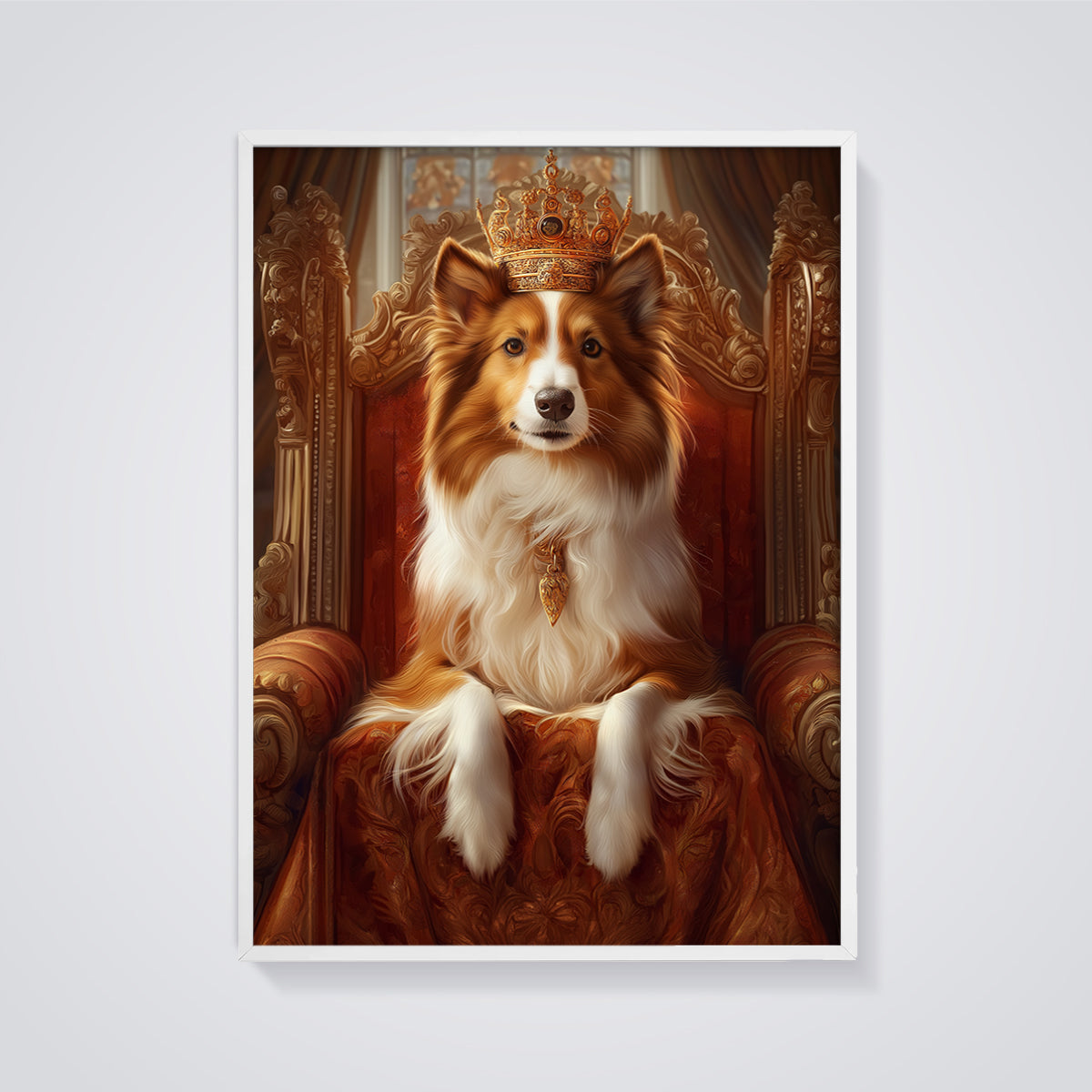 Regal Sheltie King Print framed in white on a grey background
