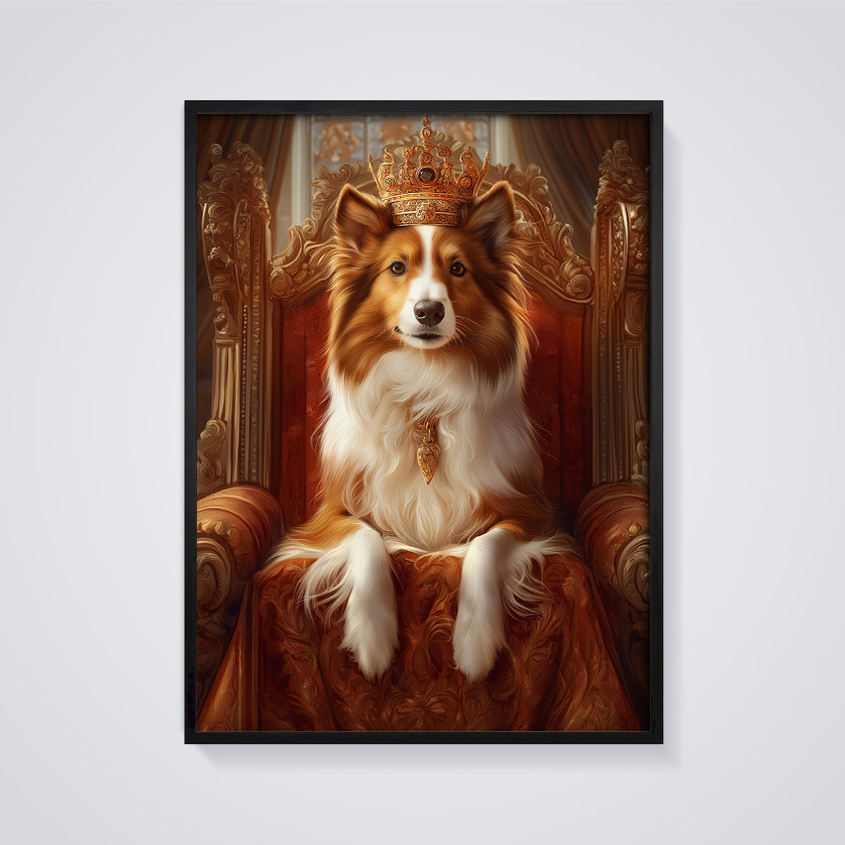 Regal Sheltie King Print framed in black on a grey background