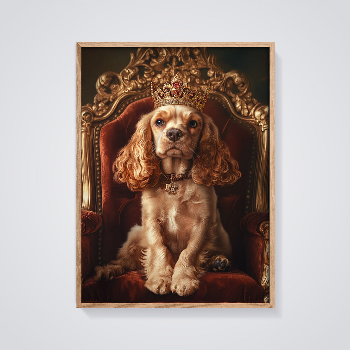 Regal Spaniel Dog Print framed in oak on a grey background